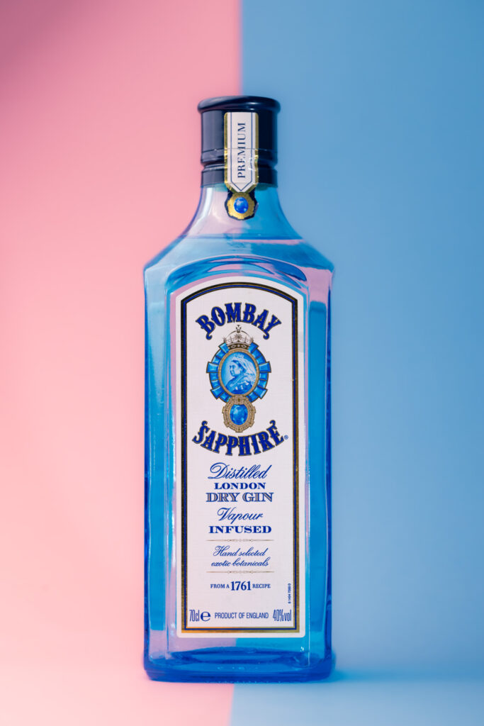 Bombay Sapphire bottle brand photography with pink and blue backgroud